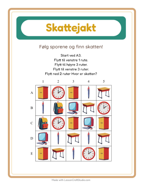 Forhåndsvisning av Skattejakt-arbeidsark med Klasserom for 1. trinn