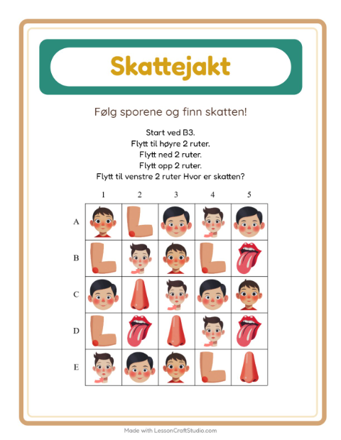 Forhåndsvisning av Skattejakt-arbeidsark med Kroppsdeler for 1. trinn