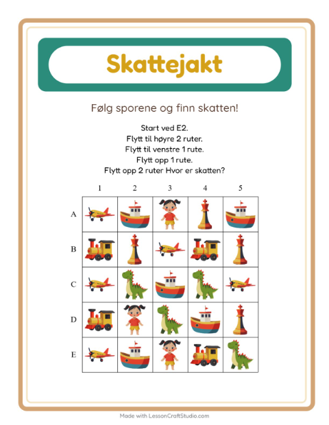Forhåndsvisning av Skattejakt-arbeidsark med Leker for 1. trinn