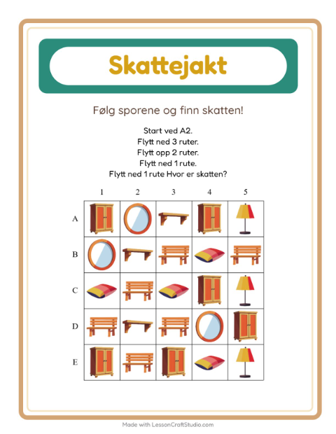 Forhåndsvisning av Skattejakt-arbeidsark med Møbler for 1. trinn