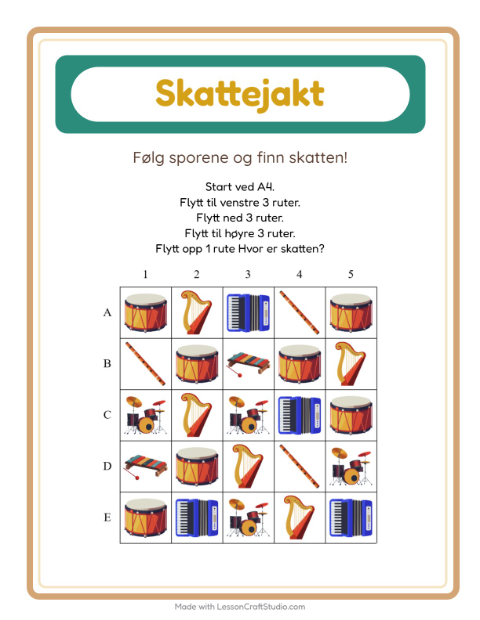 Forhåndsvisning av Skattejakt-arbeidsark med Musikk for 1. trinn