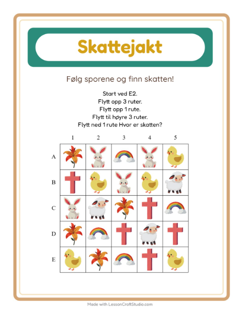 Forhåndsvisning av Skattejakt-arbeidsark med Påske for 1. trinn