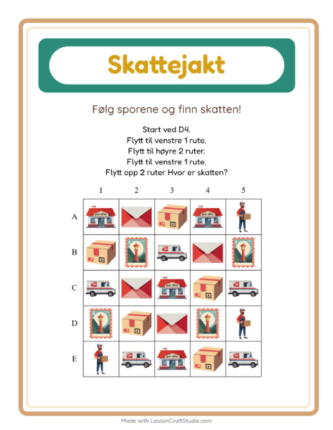 Forhåndsvisning av Skattejakt-arbeidsark med Postkontor for 1. trinn