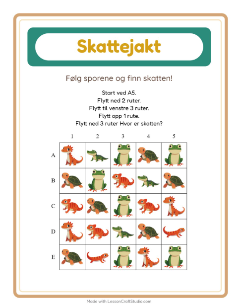 Forhåndsvisning av Skattejakt-arbeidsark med Reptiler og amfibier for 1. trinn