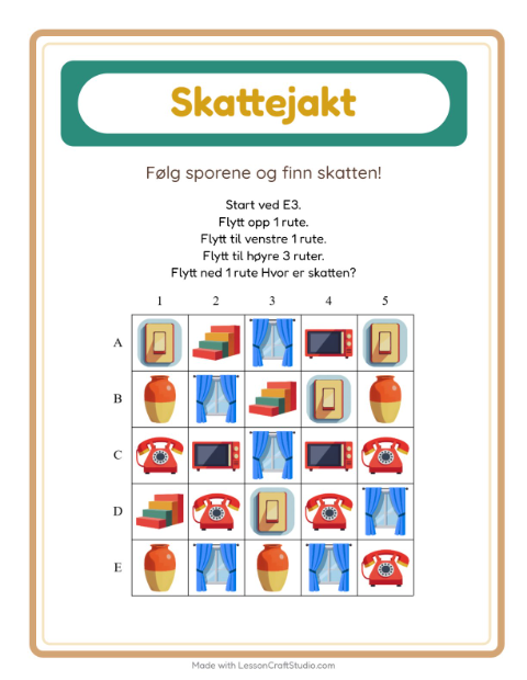 Forhåndsvisning av Skattejakt-arbeidsark med Rundt i huset for 1. trinn