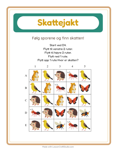 Forhåndsvisning av Skattejakt-arbeidsark med Skogsdyr for 1. trinn