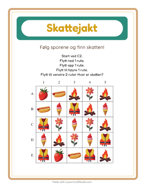 Forhåndsvisning av Skattejakt-arbeidsark med Sommer for 1. trinn