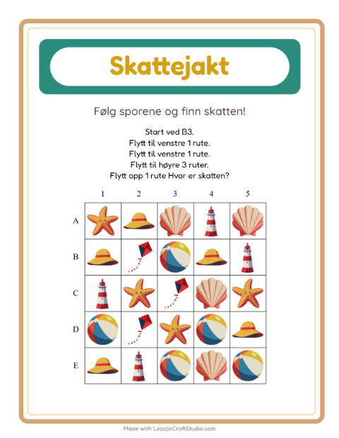 Forhåndsvisning av Skattejakt-arbeidsark med Strand for 1. trinn