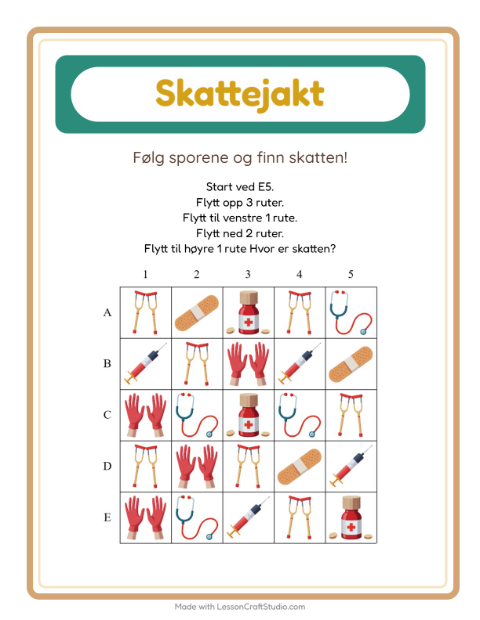 Forhåndsvisning av Skattejakt-arbeidsark med Sykehus for 1. trinn