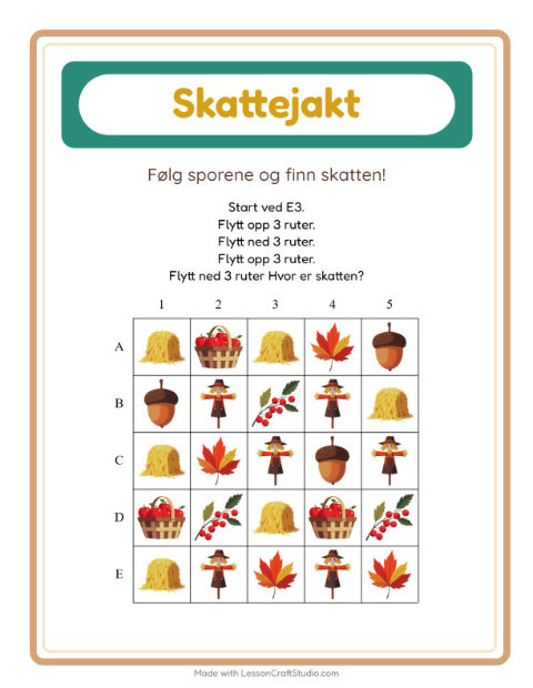 Forhåndsvisning av Skattejakt-arbeidsark med Thanksgiving for 1. trinn