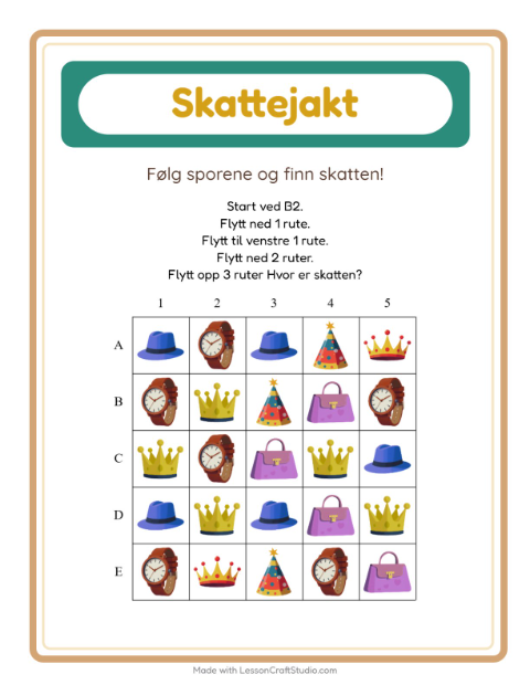 Forhåndsvisning av Skattejakt-arbeidsark med Tilbehør for 1. trinn