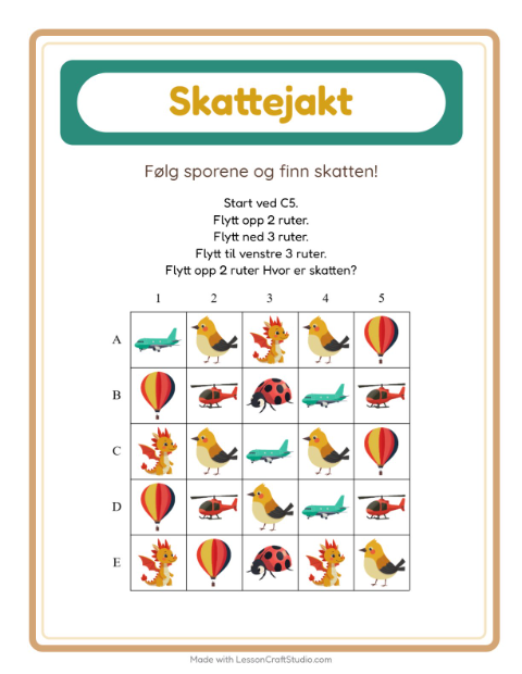 Forhåndsvisning av Skattejakt-arbeidsark med Ting som flyr for 1. trinn