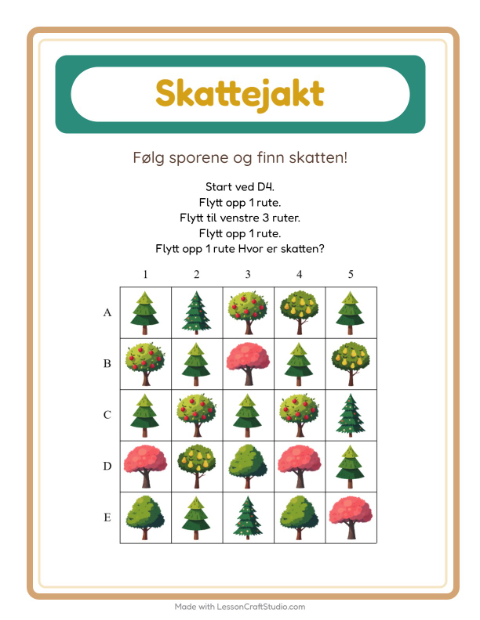 Forhåndsvisning av Skattejakt-arbeidsark med Trær for 1. trinn