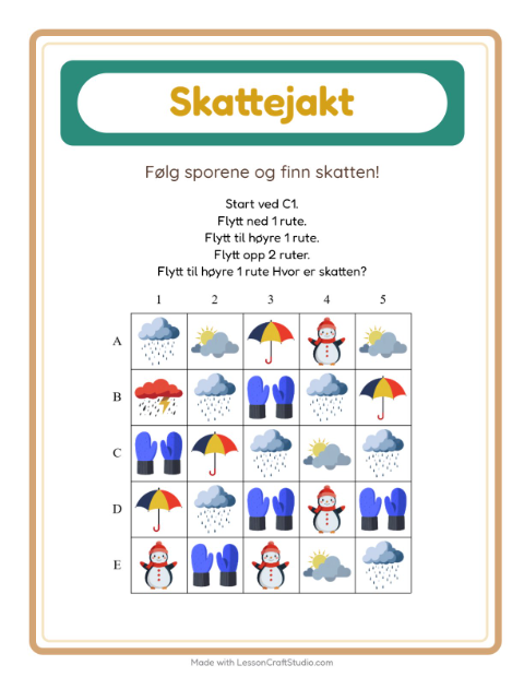 Forhåndsvisning av Skattejakt-arbeidsark med Vær for 1. trinn