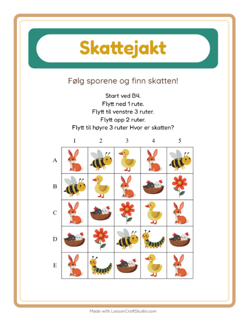 Forhåndsvisning av Skattejakt-arbeidsark med Vår for 1. trinn