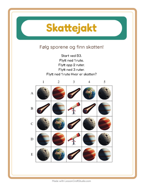 Forhåndsvisning av Skattejakt-arbeidsark med Verdensrommet for 1. trinn