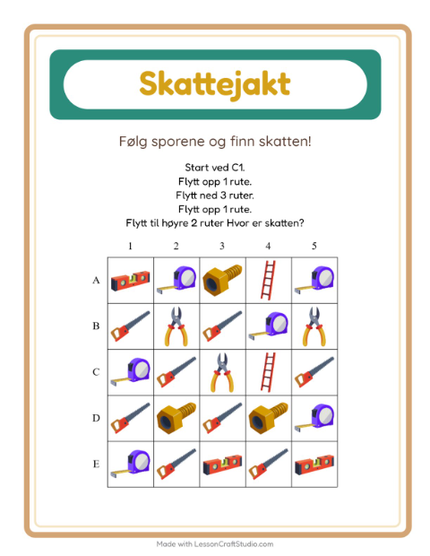 Forhåndsvisning av Skattejakt-arbeidsark med Verktøy for 1. trinn