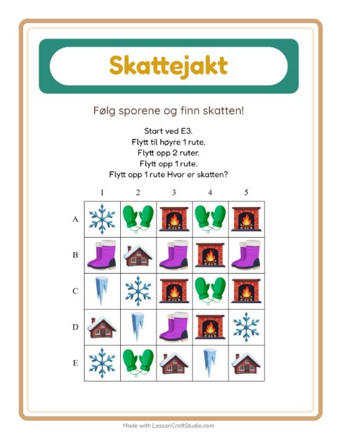 Forhåndsvisning av Skattejakt-arbeidsark med Vinter for 1. trinn
