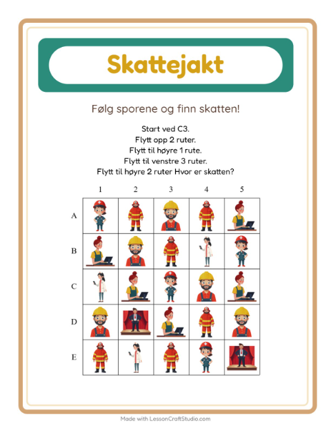 Forhåndsvisning av Skattejakt-arbeidsark med Yrker for 1. trinn