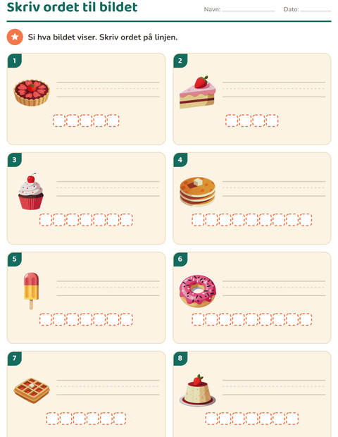 Forhåndsvisning av Skriv ordet-arbeidsark med Desserter og godteri for 1. trinn
