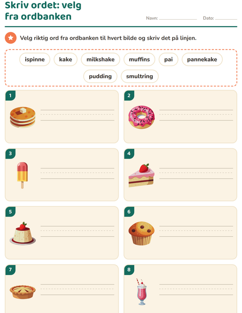 Forhåndsvisning av Skriv ordet-arbeidsark med Desserter og godteri for 1. trinn
