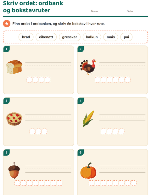 Forhåndsvisning av Skriv ordet-arbeidsark med Thanksgiving for 1. trinn