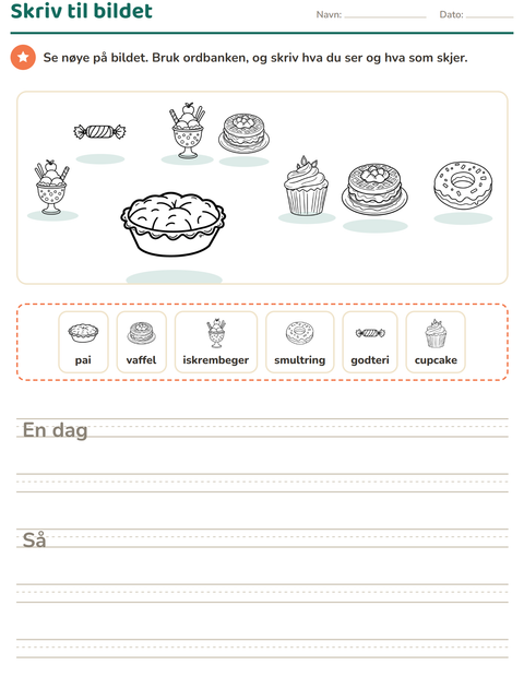 Forhåndsvisning av Skriv til bildet-arbeidsark med Dessert (S/H) for 2. trinn