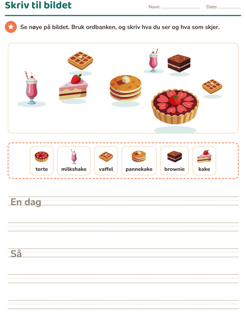 Forhåndsvisning av Skriv til bildet-arbeidsark med Desserter og godteri for 2. trinn