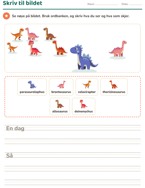 Forhåndsvisning av Skriv til bildet-arbeidsark med Dinosaurer for 2. trinn