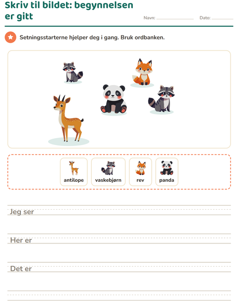 Forhåndsvisning av Skriv til bildet-arbeidsark med Dyr for 2. trinn