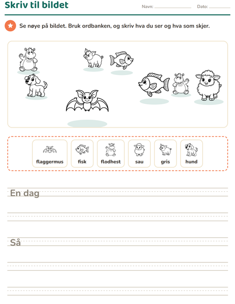 Forhåndsvisning av Skriv til bildet-arbeidsark med Dyr SH for 2. trinn