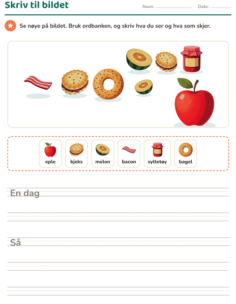 Forhåndsvisning av Skriv til bildet-arbeidsark med Frokost for 2. trinn