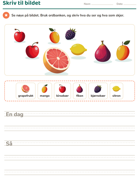 Forhåndsvisning av Skriv til bildet-arbeidsark med Frukter for 2. trinn