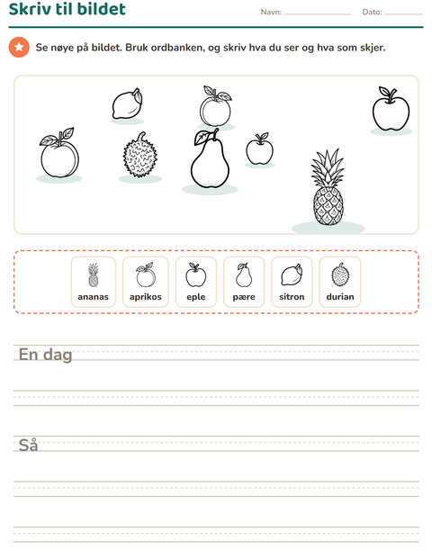 Forhåndsvisning av Skriv til bildet-arbeidsark med Frukter SH for 2. trinn