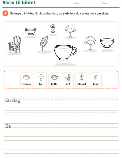 Forhåndsvisning av Skriv til bildet-arbeidsark med Hjem og Natur SH for 2. trinn