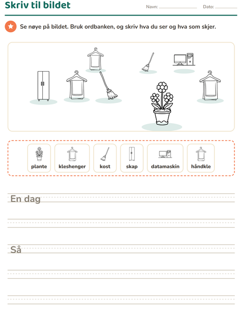 Forhåndsvisning av Skriv til bildet-arbeidsark med Husholdning SH for 2. trinn