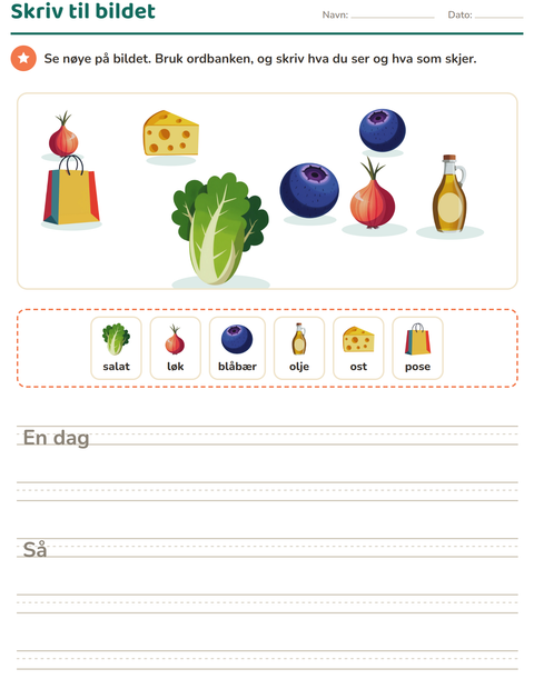 Forhåndsvisning av Skriv til bildet-arbeidsark med I supermarkedet for 2. trinn