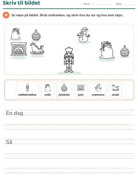 Forhåndsvisning av Skriv til bildet-arbeidsark med Jul S/H 2 for 2. trinn