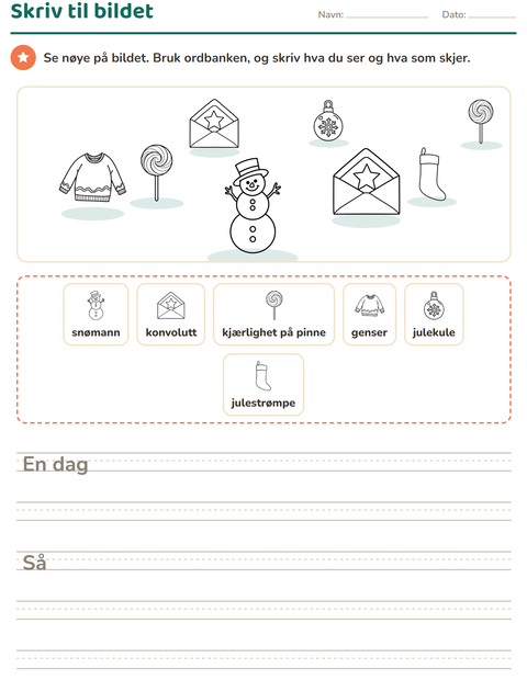 Forhåndsvisning av Skriv til bildet-arbeidsark med Jul S/H for 2. trinn
