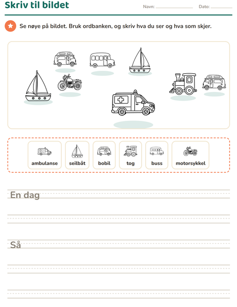 Forhåndsvisning av Skriv til bildet-arbeidsark med Kjøretøy SH for 2. trinn