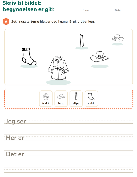 Forhåndsvisning av Skriv til bildet-arbeidsark med Klær SH for 2. trinn