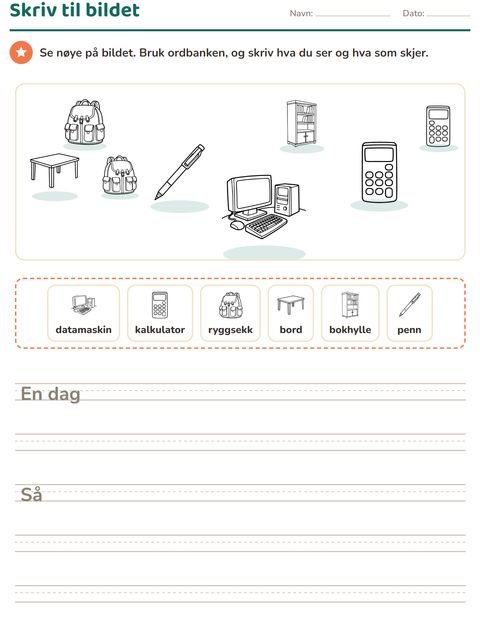 Forhåndsvisning av Skriv til bildet-arbeidsark med Klasserom 2 (S/H) for 2. trinn