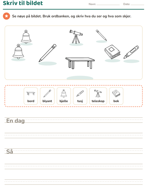 Forhåndsvisning av Skriv til bildet-arbeidsark med Klasserom (S/H) for 2. trinn