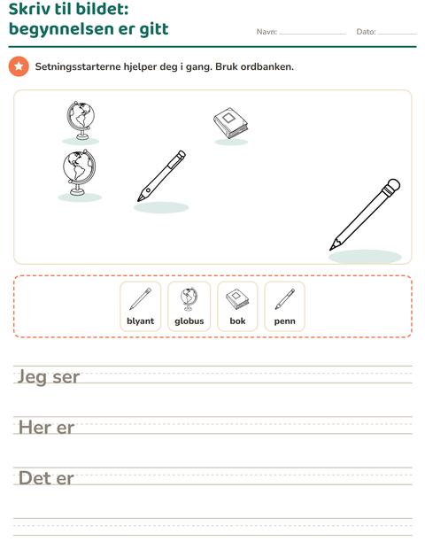 Forhåndsvisning av Skriv til bildet-arbeidsark med Klasserom (S/H) for 2. trinn