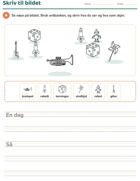 Forhåndsvisning av Skriv til bildet-arbeidsark med Leker SH 2 for 2. trinn