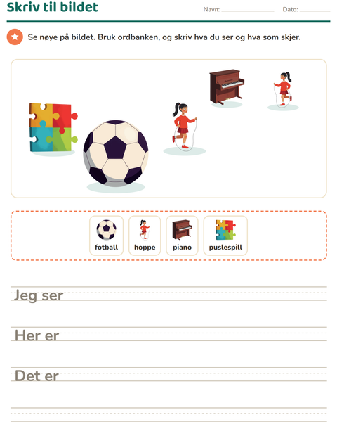 Forhåndsvisning av Skriv til bildet-arbeidsark med Aktiviteter for 2. trinn