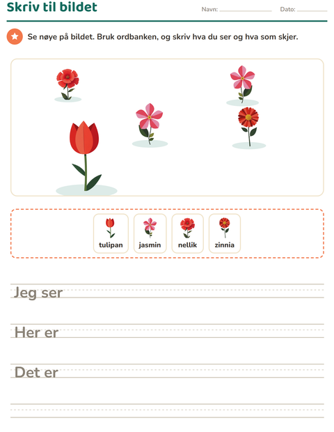 Forhåndsvisning av Skriv til bildet-arbeidsark med Blomster for 2. trinn