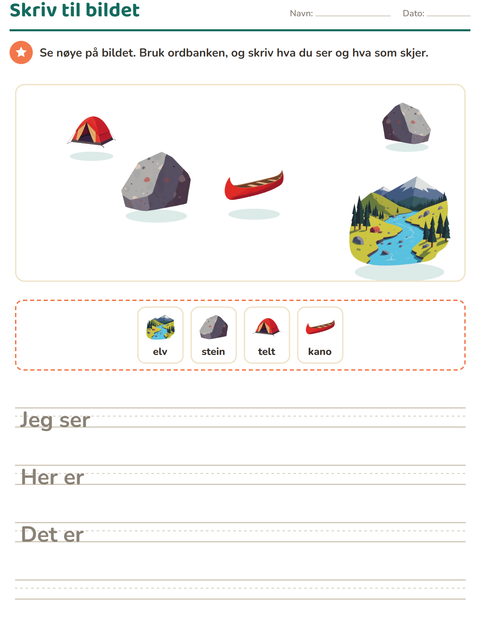 Forhåndsvisning av Skriv til bildet-arbeidsark med Camping for 2. trinn
