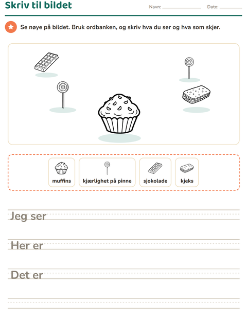 Forhåndsvisning av Skriv til bildet-arbeidsark med Dessert (S/H) for 2. trinn