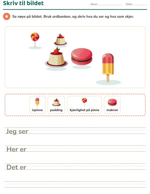 Forhåndsvisning av Skriv til bildet-arbeidsark med Desserter og godteri for 2. trinn